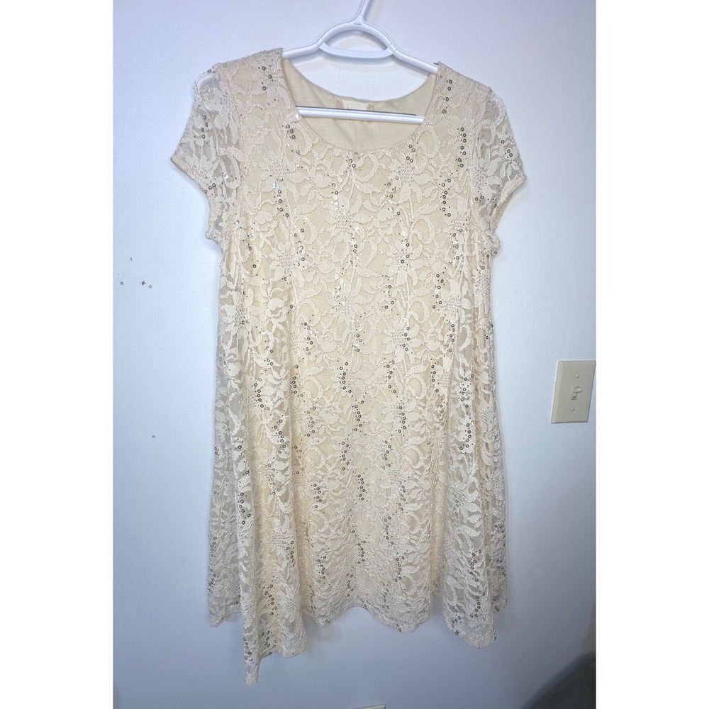 Altar'd State Lace Sequin Shift Dress Womens Small Cream Excellent Boho Mini